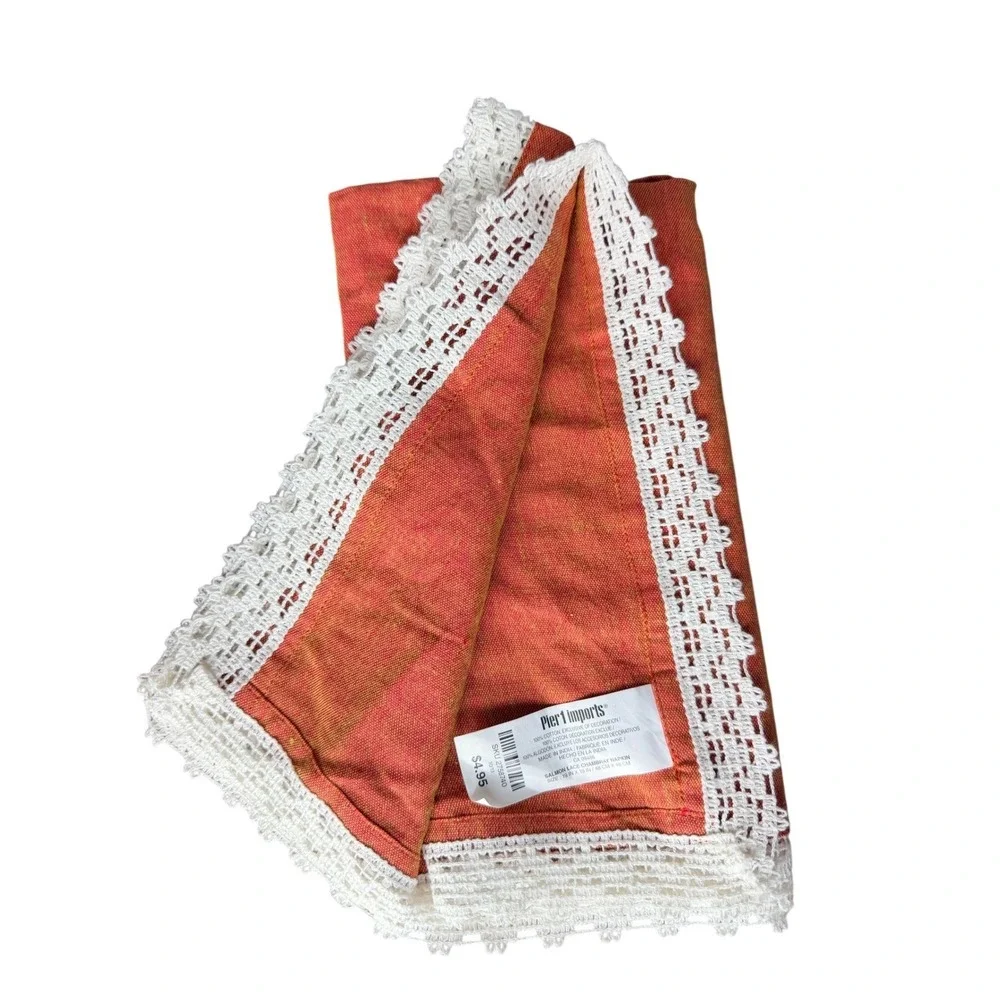 Pier 1 Imports Salmon Lace Chambray Napkins Set of‎ 22 Orange Cotton Crochet